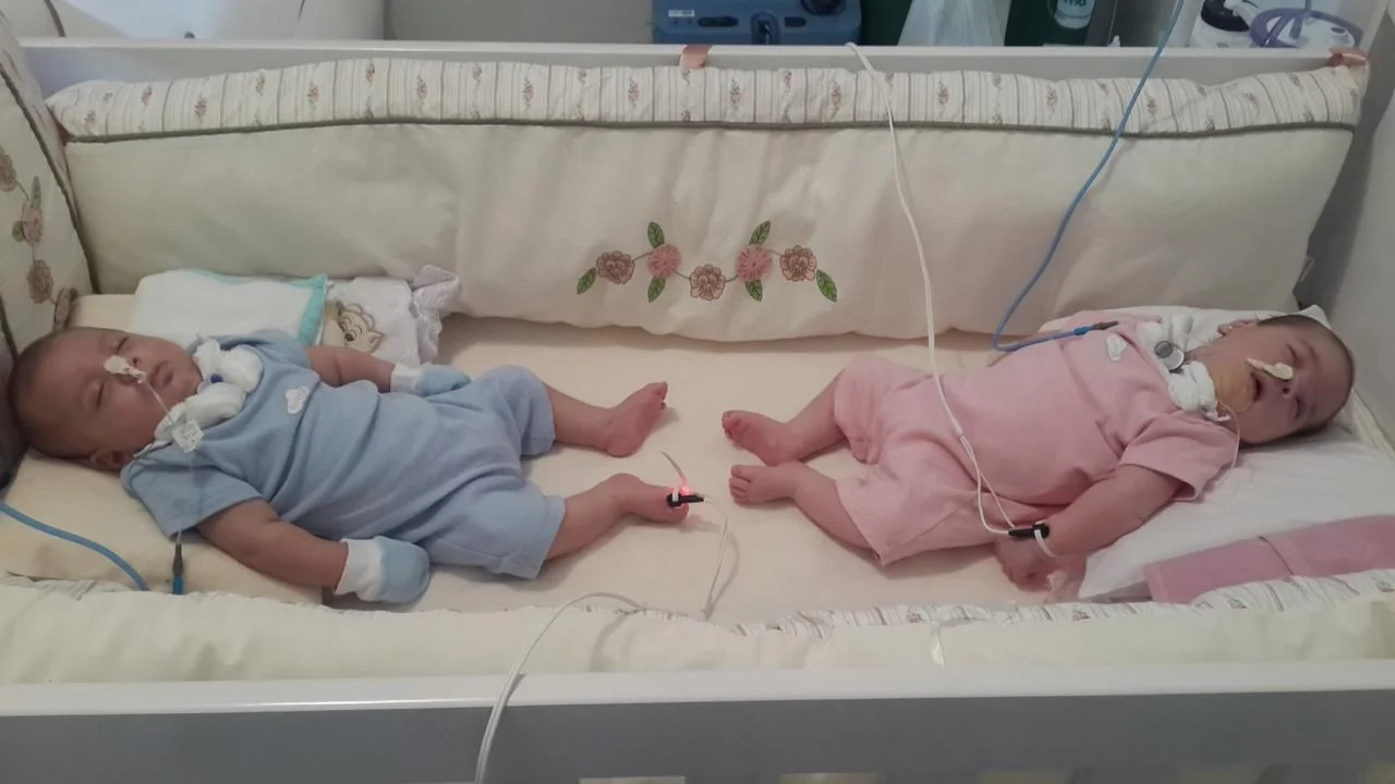 Os gêmeos recém-nascidos, lado a lado no berço do hospital.