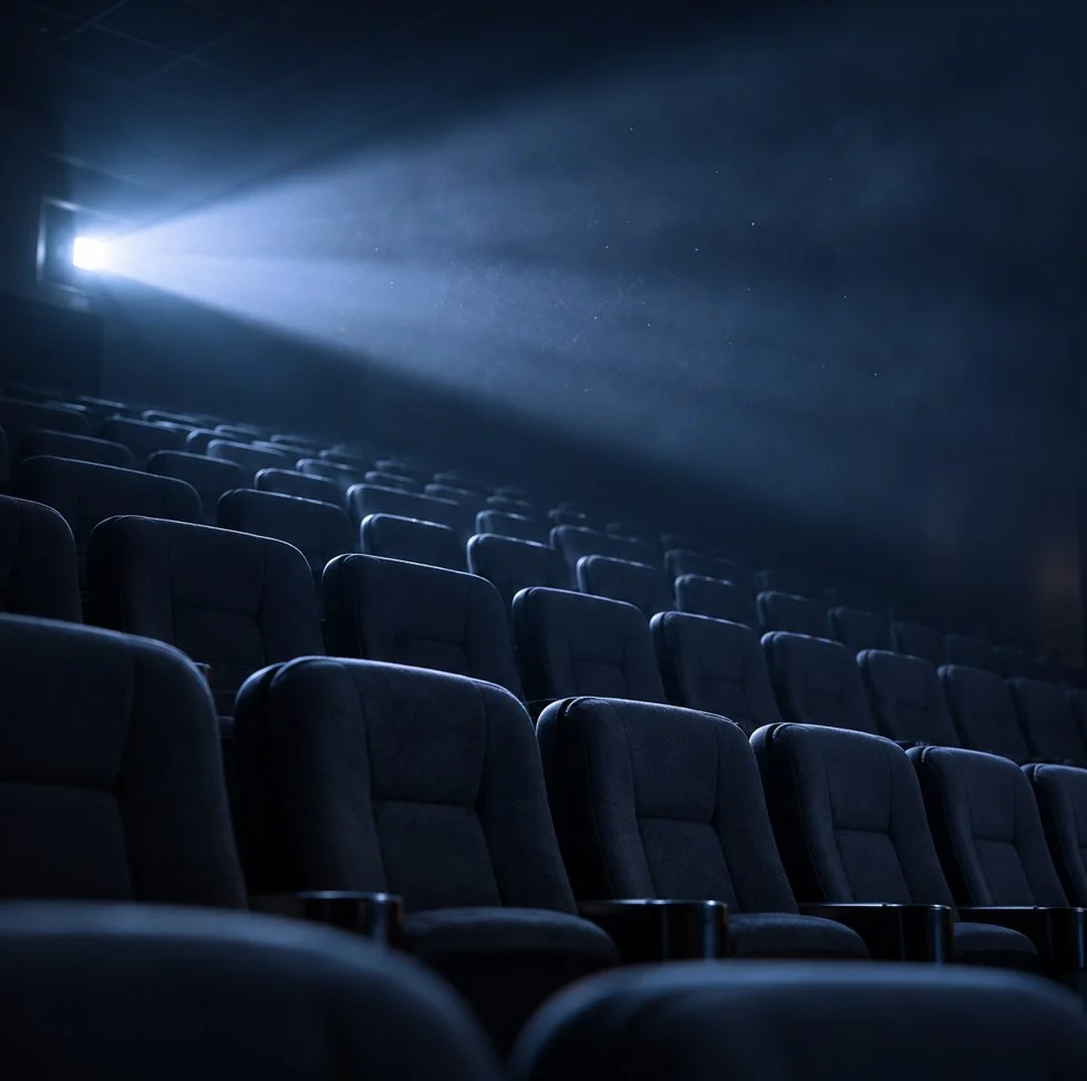 Sala de cinema vazia, com a luz do projetor.